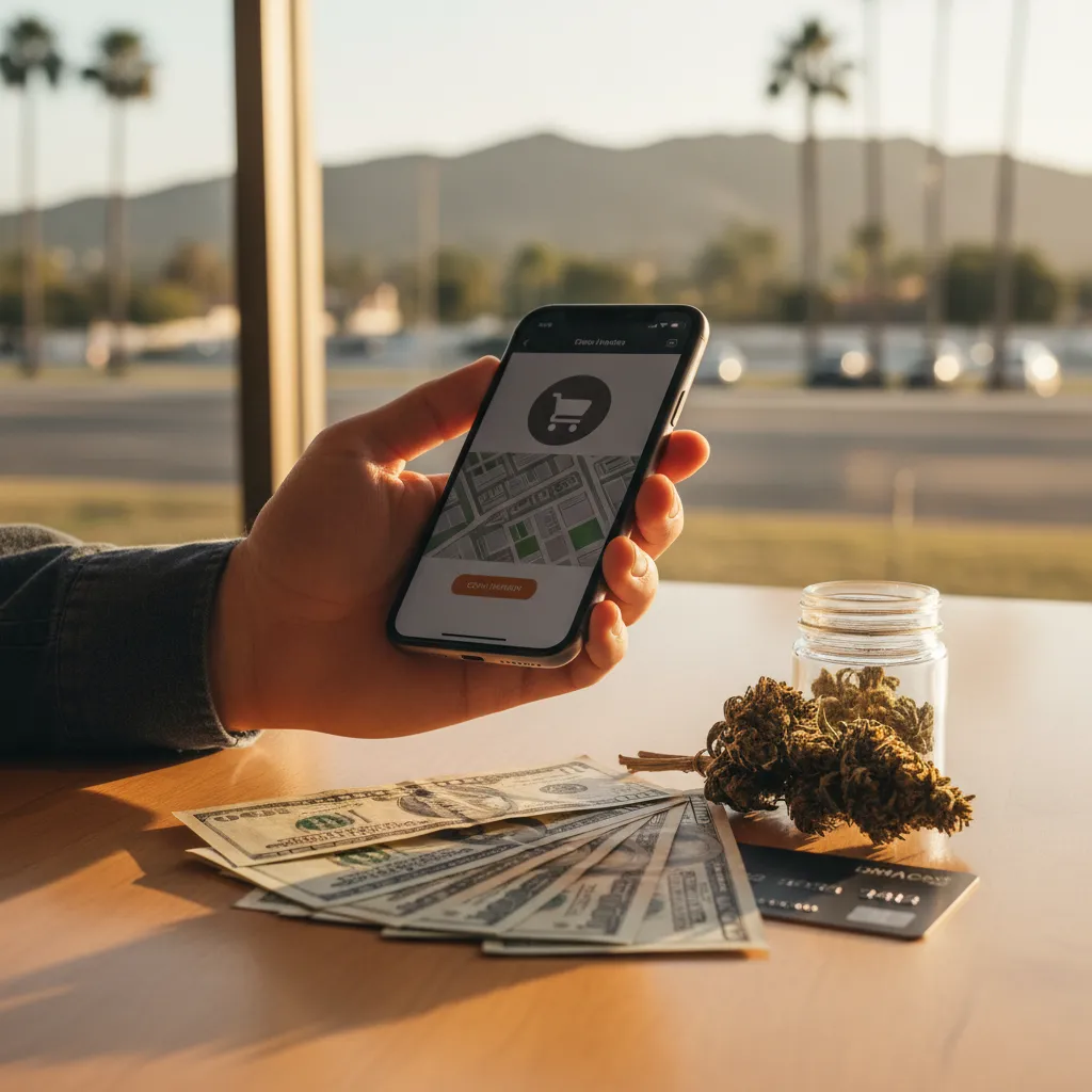 Hand holding a smartphone while reviewing a cannabis delivery order.