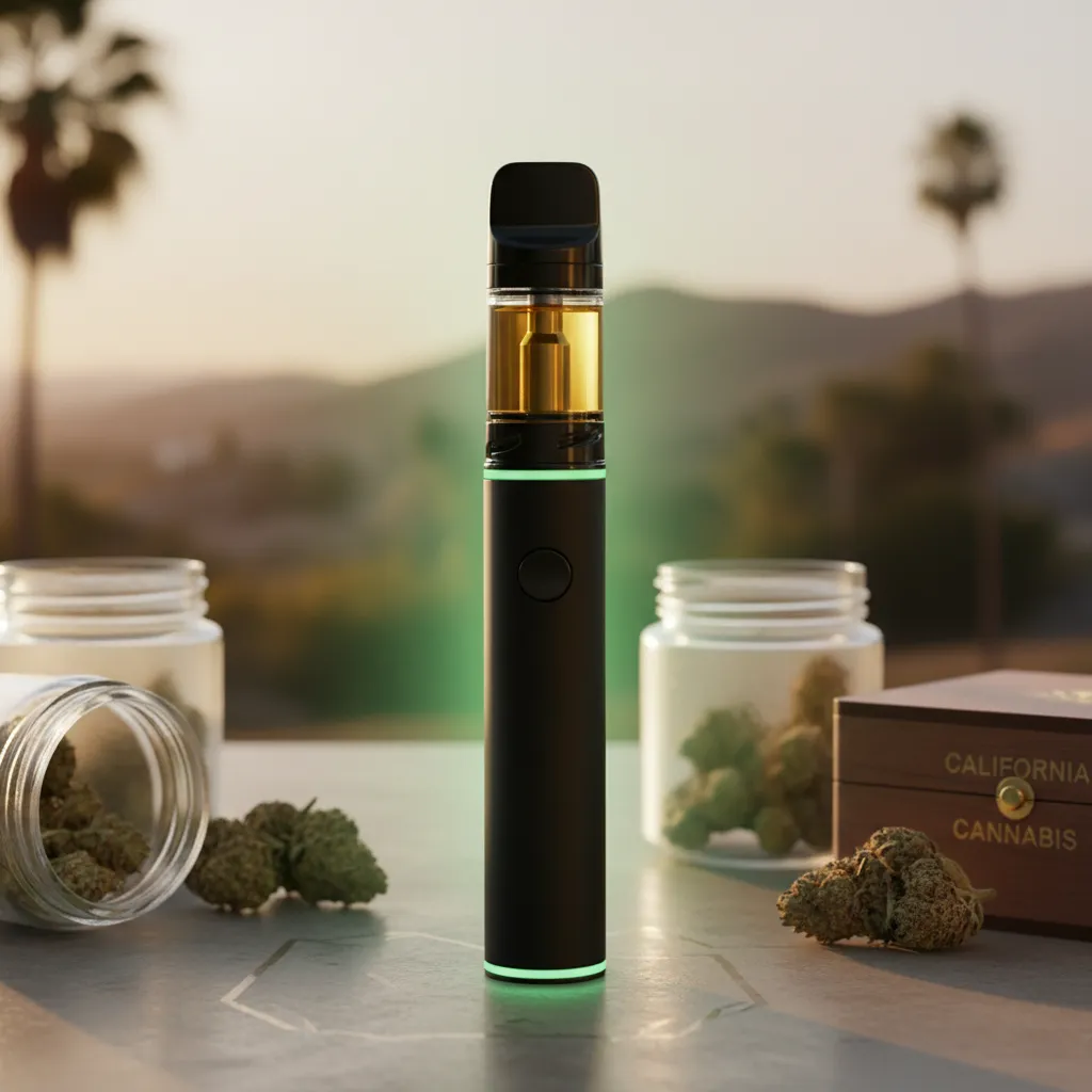 Close-up of a sleek cannabis vape pen with a cartridge, surrounded by a subtle green glow.
