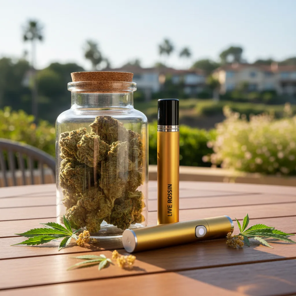 Bright San Dimas cannabis delivery flatlay with flower jar, live rosin pre-roll, and vape