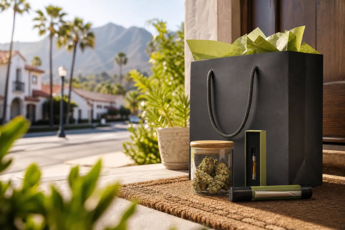 Cannabis delivery bag with flower and pre-rolls in sunny Claremont California