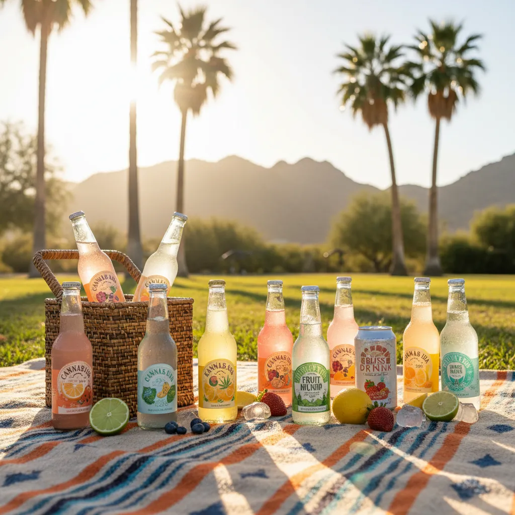 A vibrant selection of chilled cannabis-infused beverages, including sparkling waters and fruit drinks, on a picnic blanket in the Inland Empire sunshine.