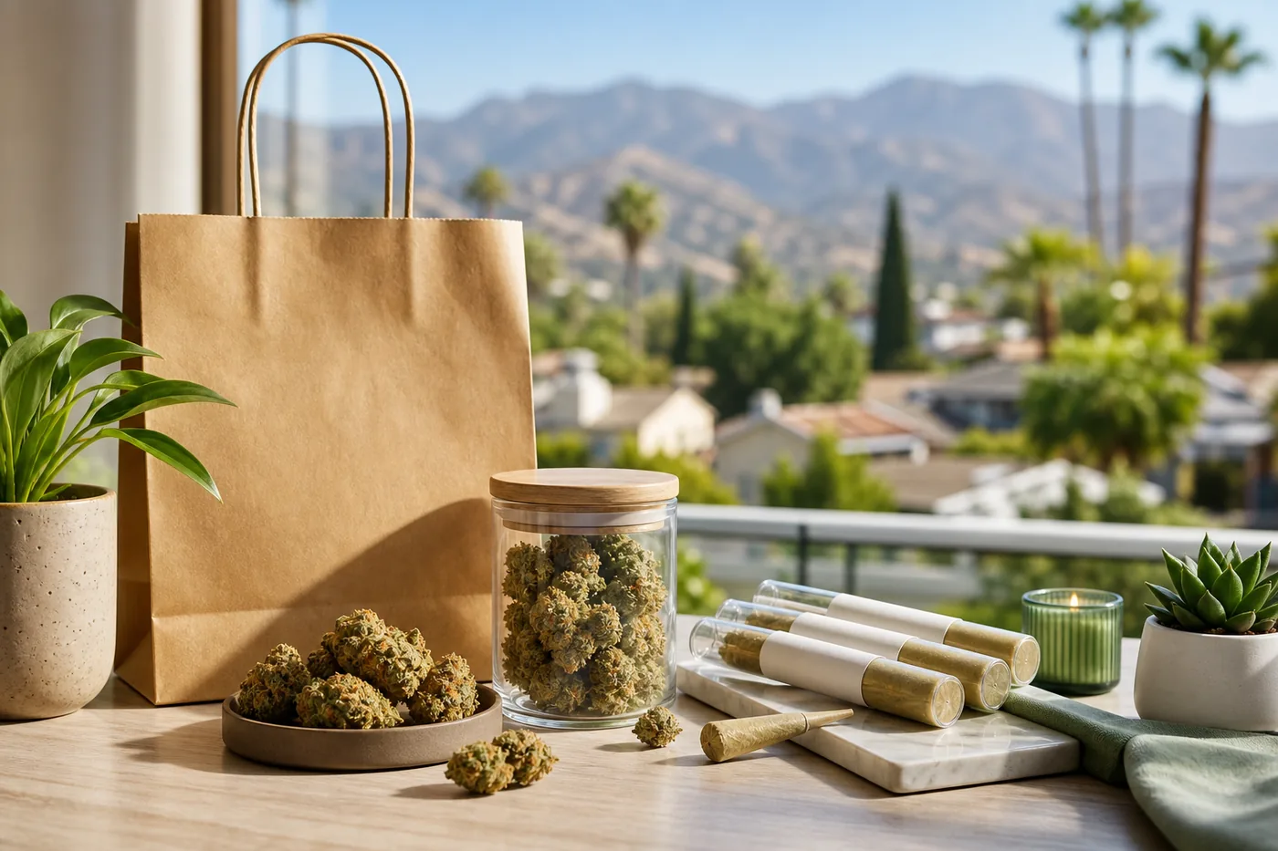 Bright cannabis delivery bag with flower and pre-rolls near foothill neighborhoods