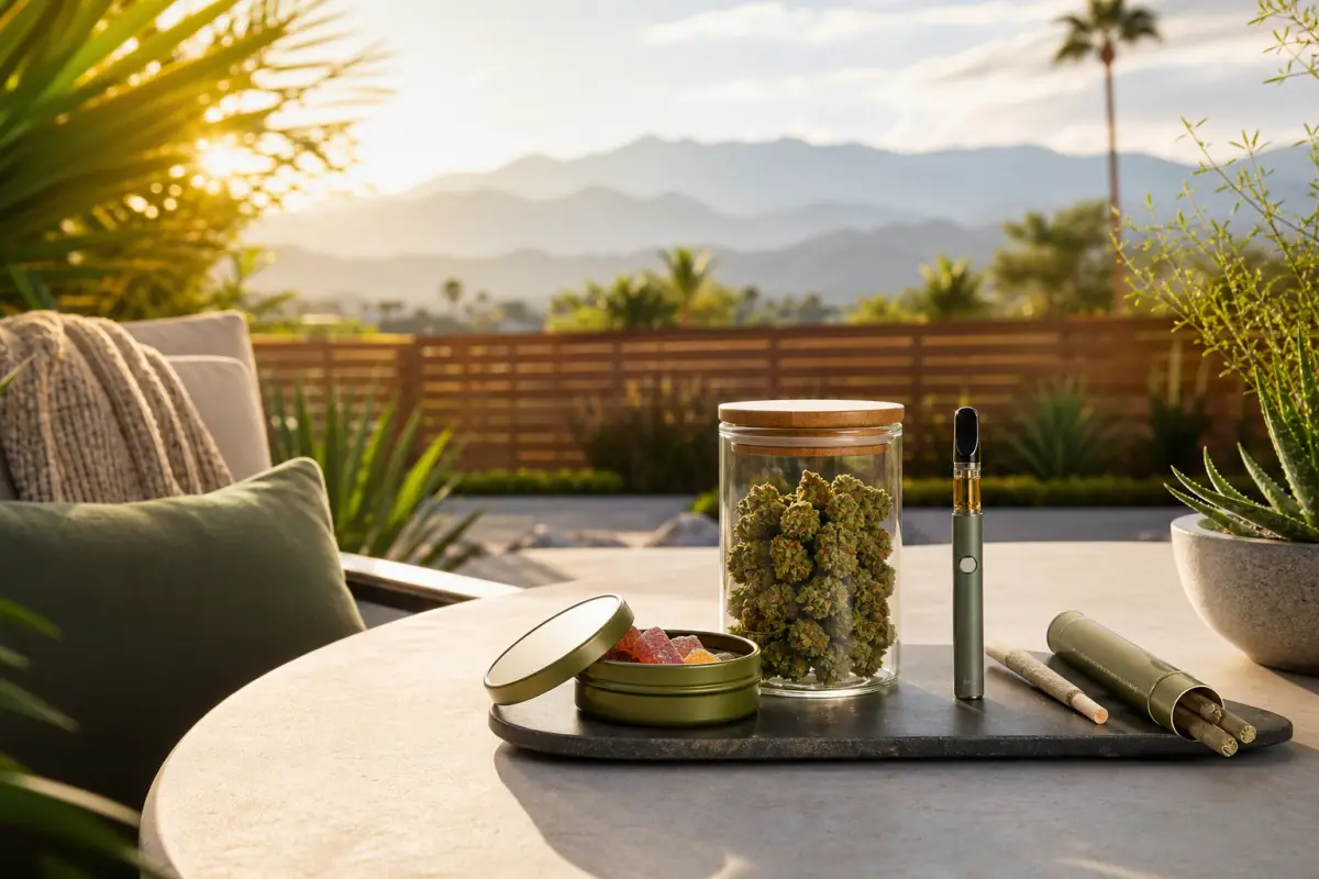 Relaxing cannabis flower, gummies, vape, and pre-roll products on a sunny Inland Empire patio table