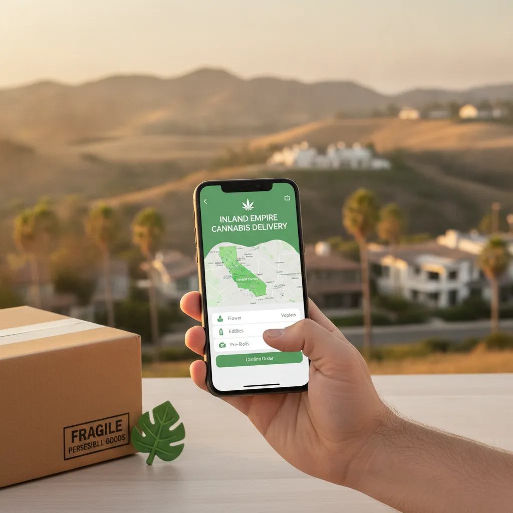 Hand using a smartphone to order recreational cannabis delivery in the Inland Empire, California.