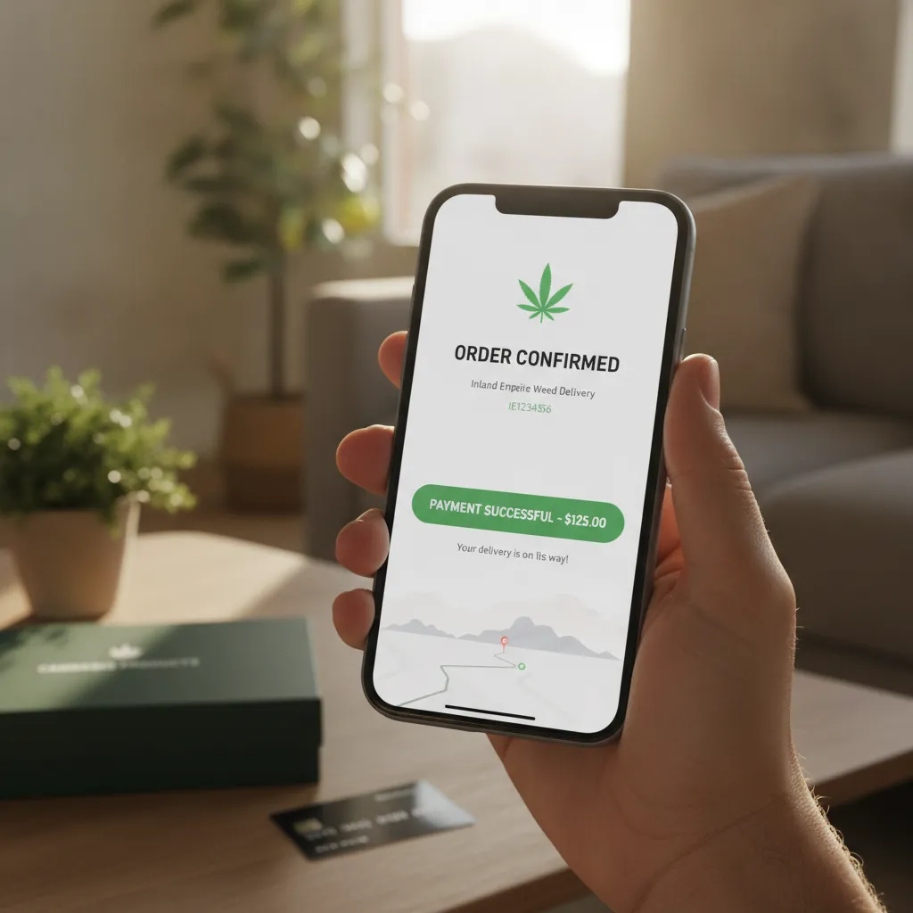 Smartphone displaying online cannabis order payment confirmation for Inland Empire delivery.