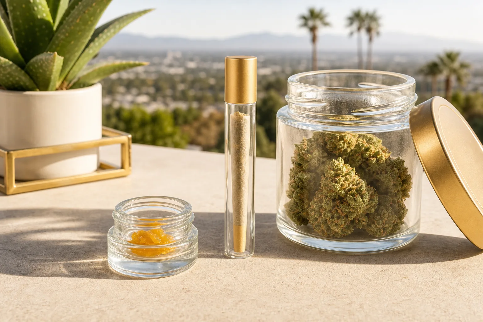 Bright cannabis delivery tabletop with flower jar, live rosin pre-roll tube, and concentrate jar