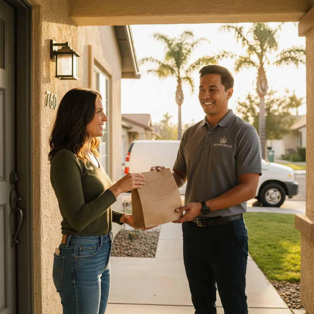 A smiling delivery driver in a branded shirt hands a discreet package to a customer at their Inland Empire home.