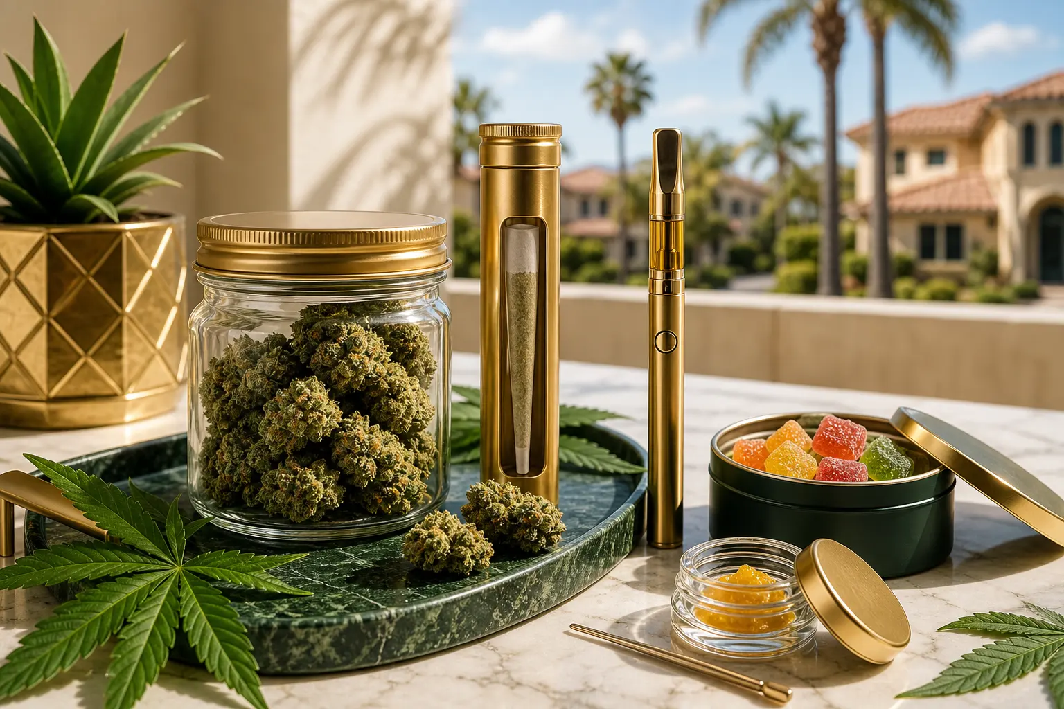 Bright Fontana cannabis delivery flatlay with flower, pre-rolls, vape, and edibles