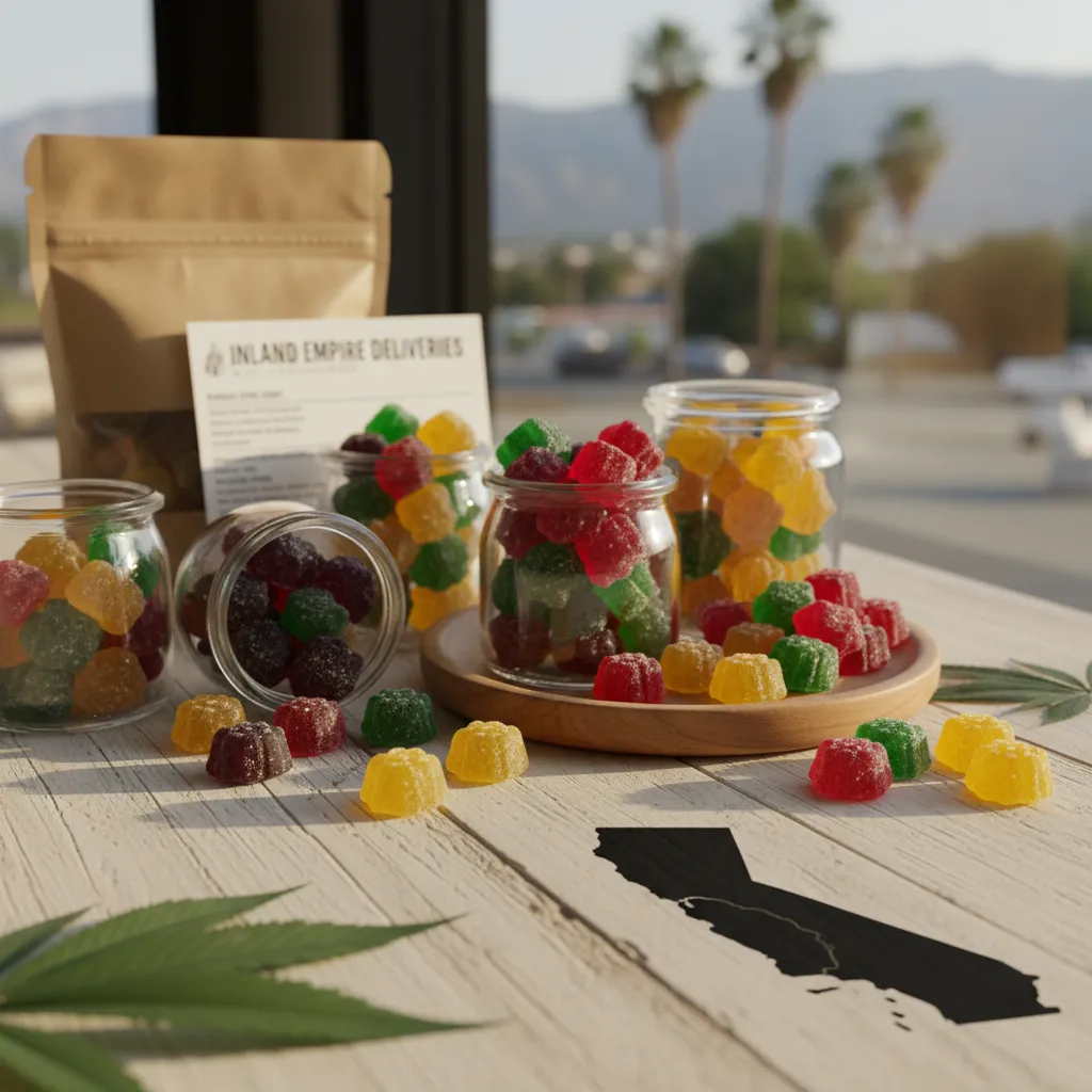 A colorful assortment of cannabis gummy candies in various shapes and flavors, arranged neatly on a wooden surface, ready for delivery in the Inland Empire.