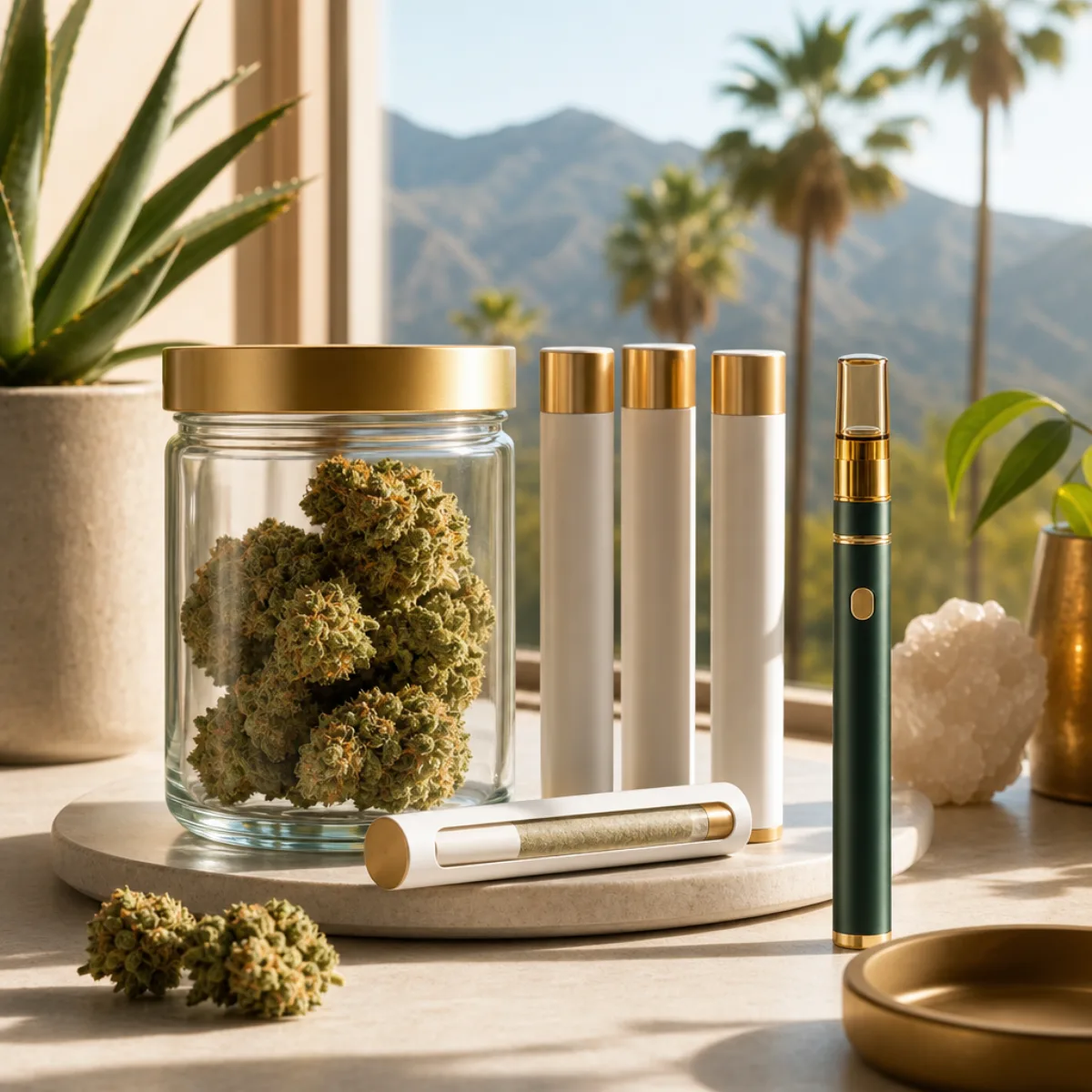 Bright Inland Empire cannabis delivery thumbnail with flower jar, pre-roll tubes, and vape for calming strains guide