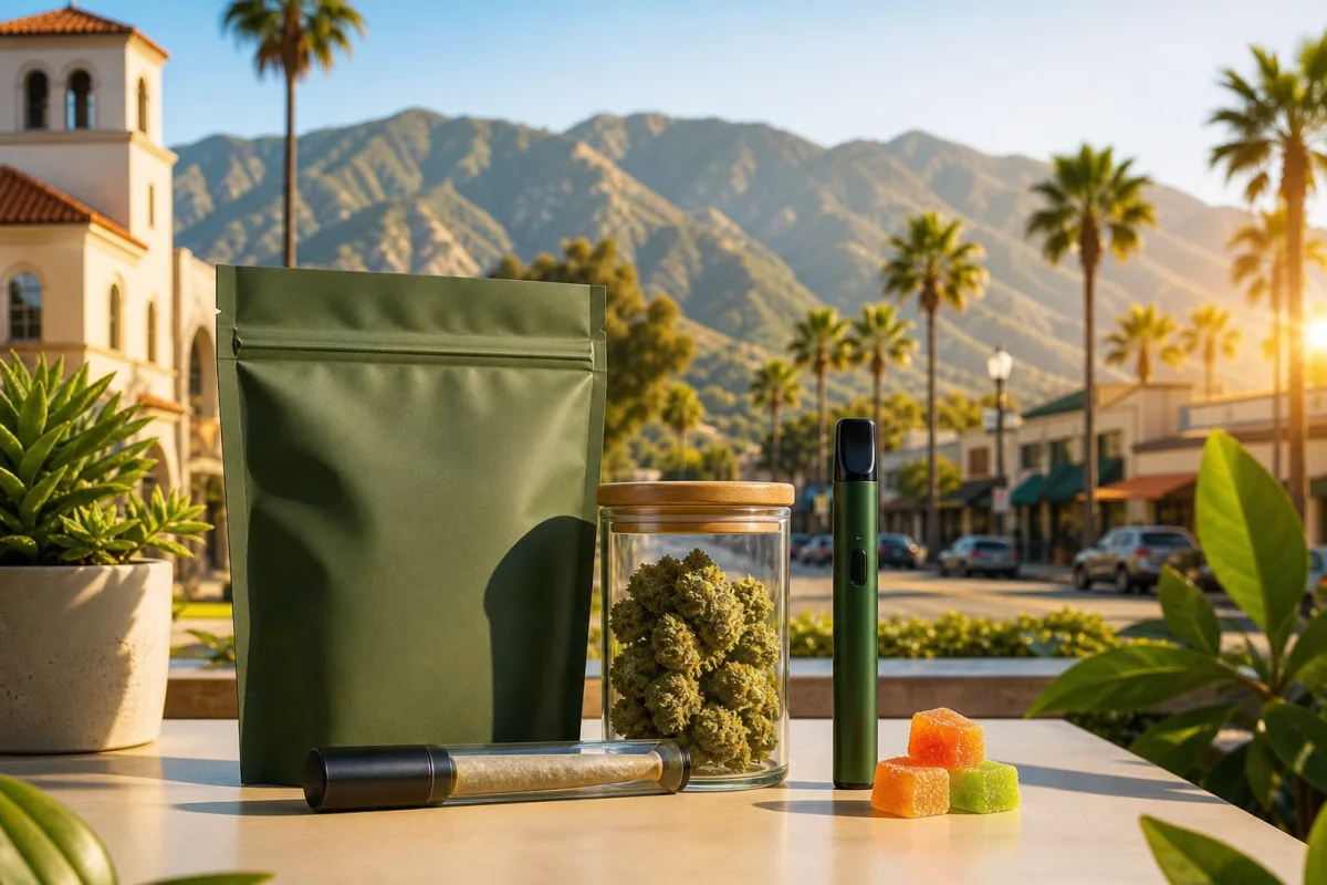 Bright Claremont weed delivery thumbnail with cannabis products and discreet delivery bag