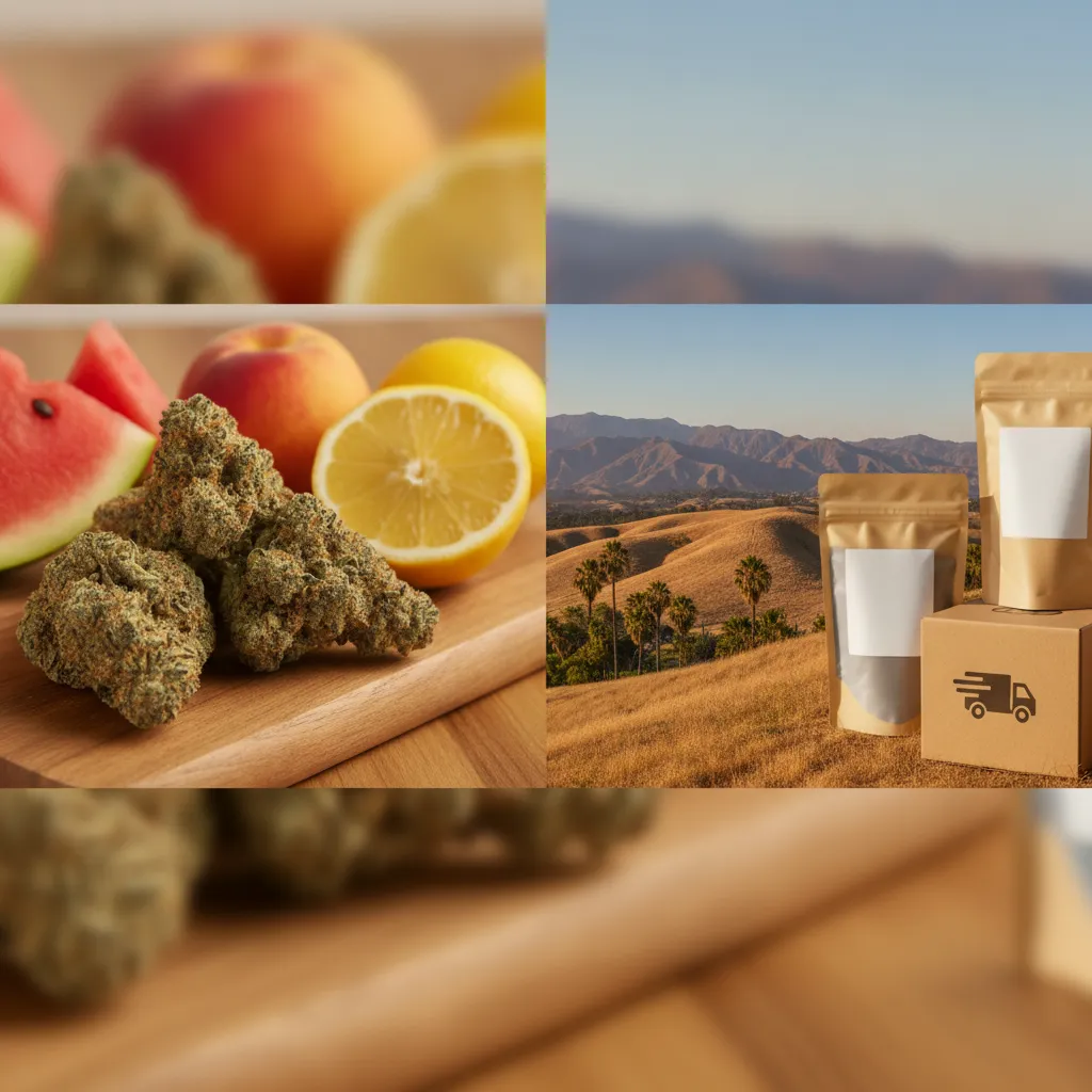 A vibrant collage of cannabis buds, summer fruits, and a sunny Inland Empire landscape with mountains.