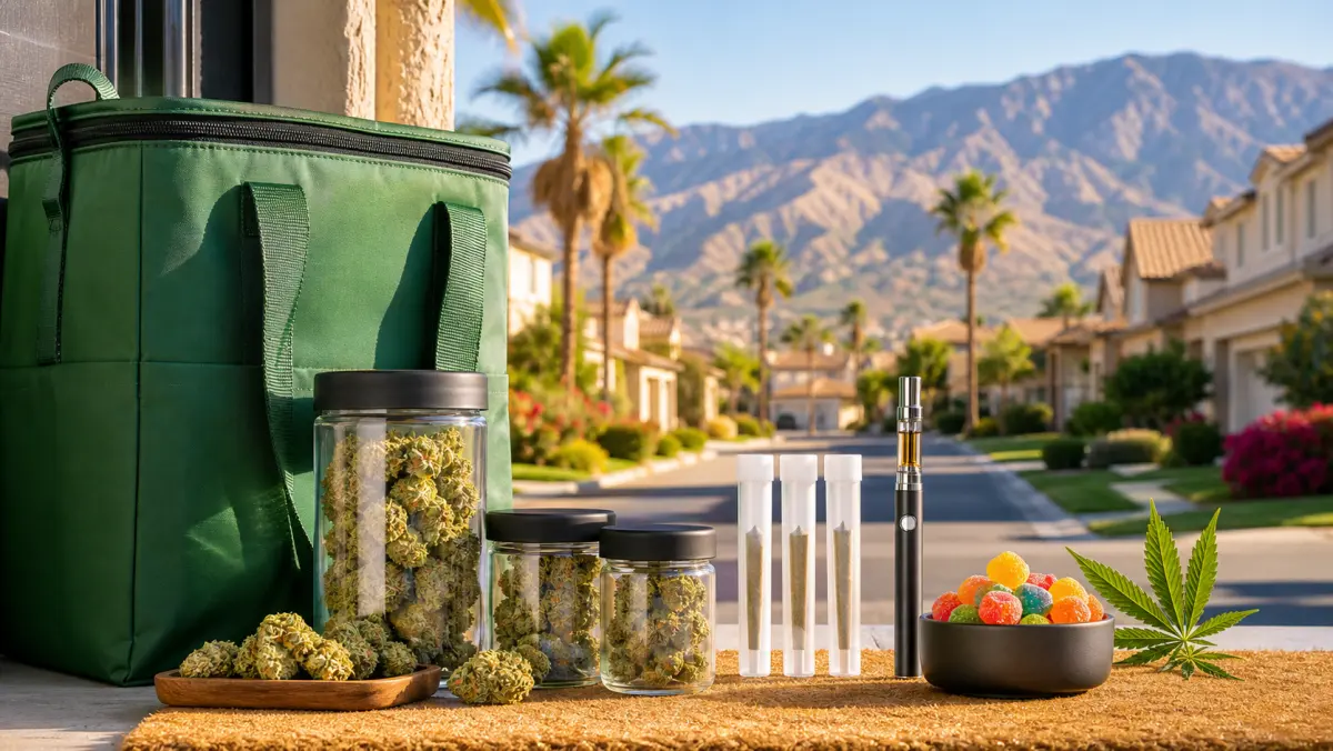 Bright Fontana cannabis delivery thumbnail with discreet green delivery bag, flower jars, pre-rolls, vape, and edibles