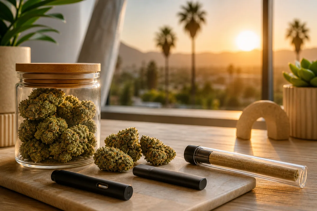 Bright cannabis flower, vape, and pre-roll thumbnail for Resin8 guide to relaxing strains in the Inland Empire