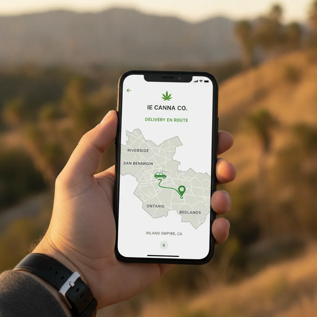 Hand holding a smartphone displaying a cannabis delivery app, with a map of the Inland Empire in the background.