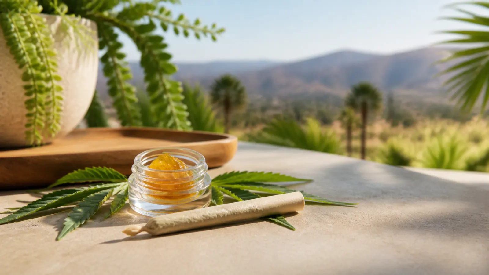 Live rosin joint beside golden rosin on a sunny Inland Empire patio