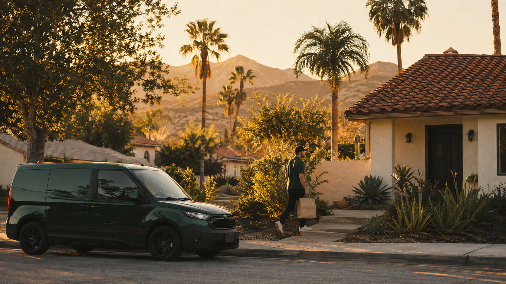 Discreet cannabis courier walking from green delivery vehicle to Inland Empire home