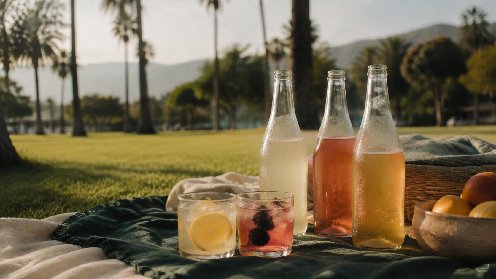 Unlabeled cannabis beverages arranged for an adult picnic in Southern California