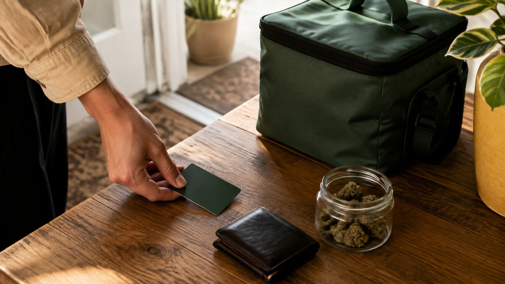 Customer placing blank payment card beside wallet and cannabis delivery bag